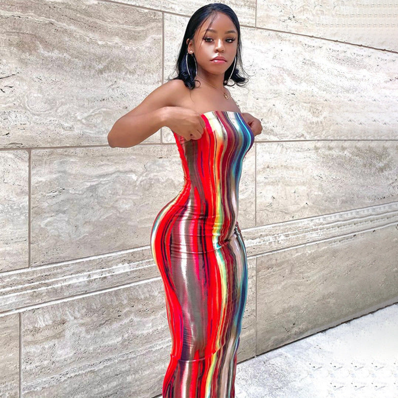Damen figurbetontes Maxikleid mit Bandeau-Ausschnitt und einzigartigem Farbverlauf Drune