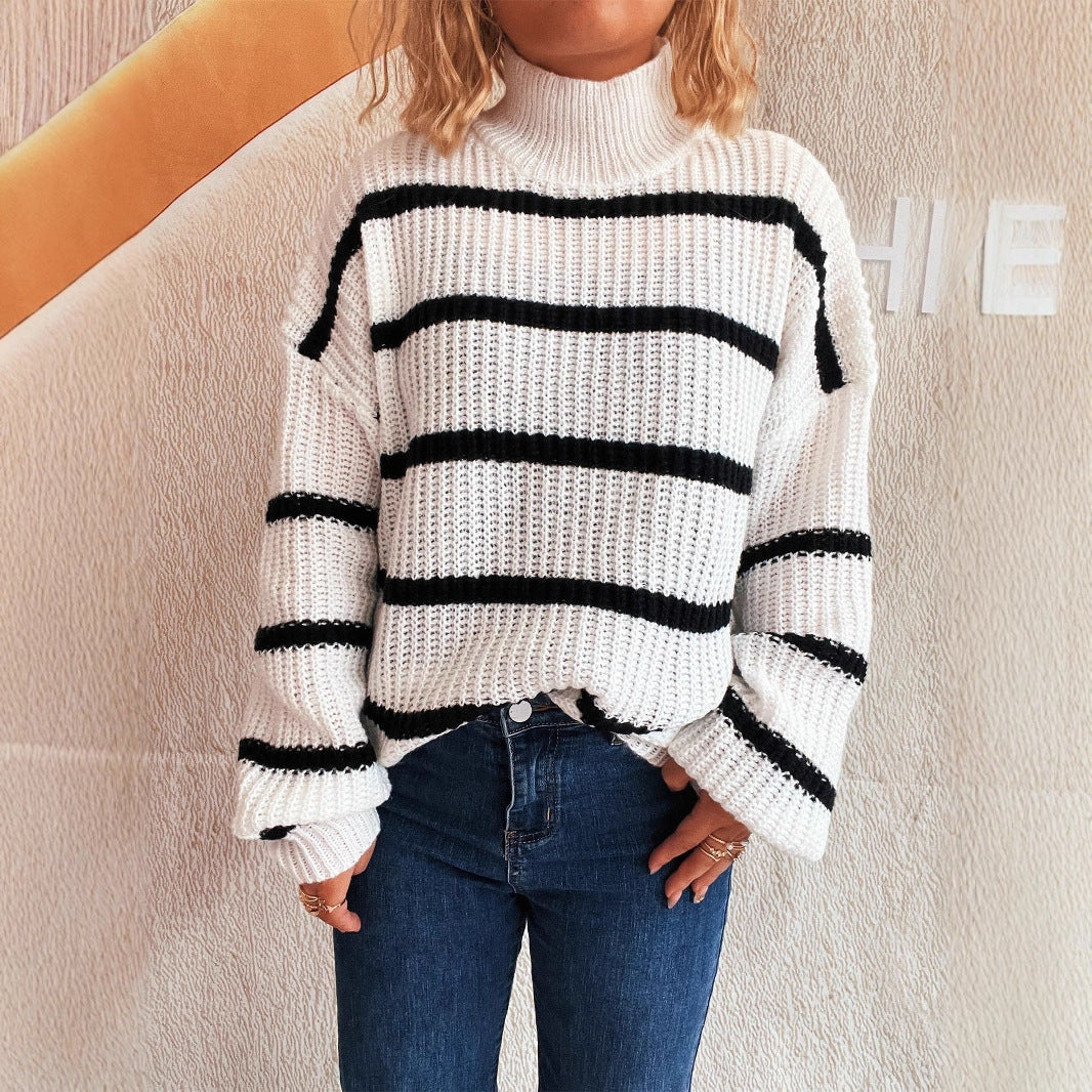 Damen Strickpullover mit hohem Kragen und modischem Streifenmuster Drune