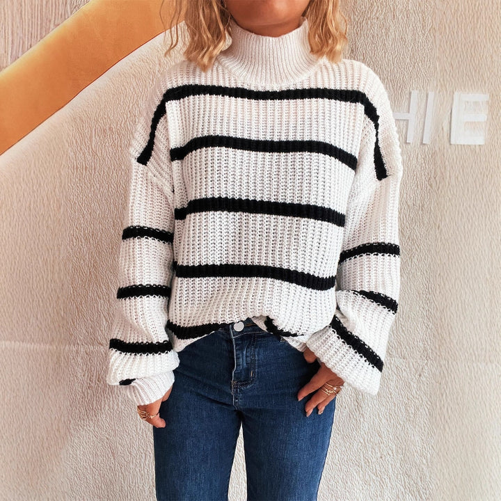 Damen Strickpullover mit hohem Kragen und modischem Streifenmuster Drune