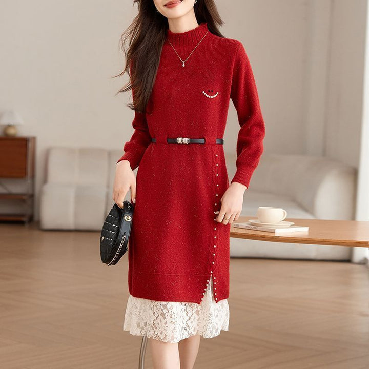 Damen Strickkleid mit modischen Perlendetails und elegantem Gürtel Drune
