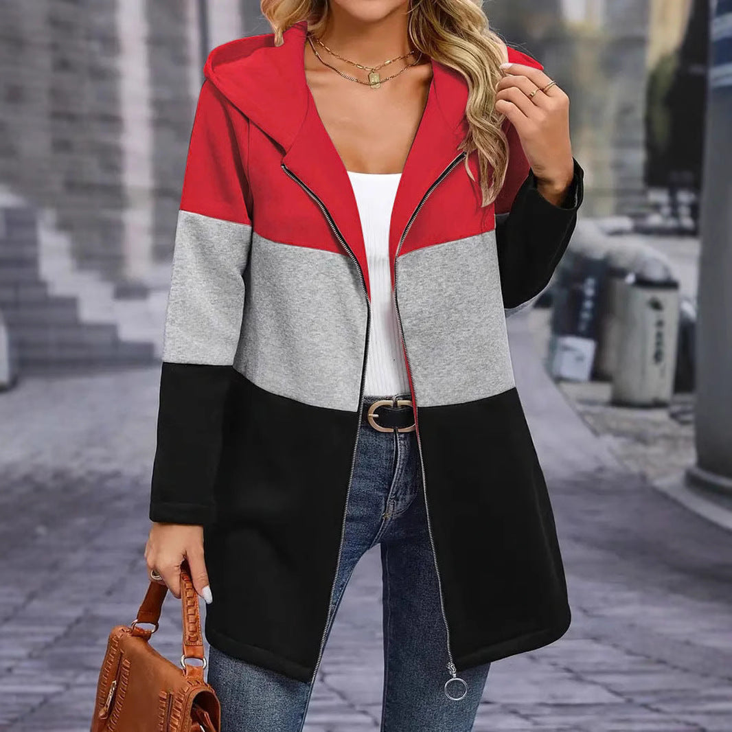 Damen modische Longjacke mit Kapuze und Farbblockdesign Drune