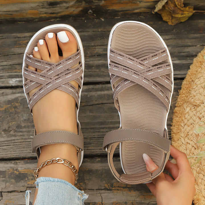 Damen Sandalen mit elastischen Kreuzriemen und bequemer Dämpfung Drune