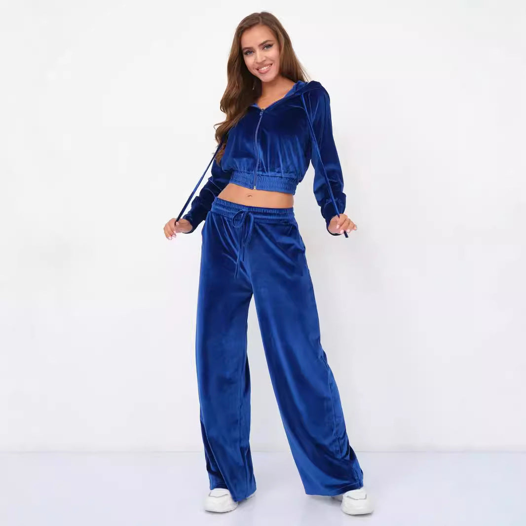 Damen luxuriöser Velours-Hoodie und weite Hose Set Drune