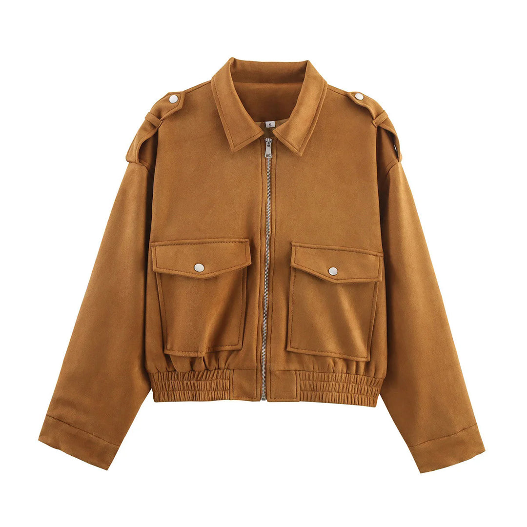 Damen modische Utility-Jacke mit aufgesetzten Taschen und hohem Kragen Drune