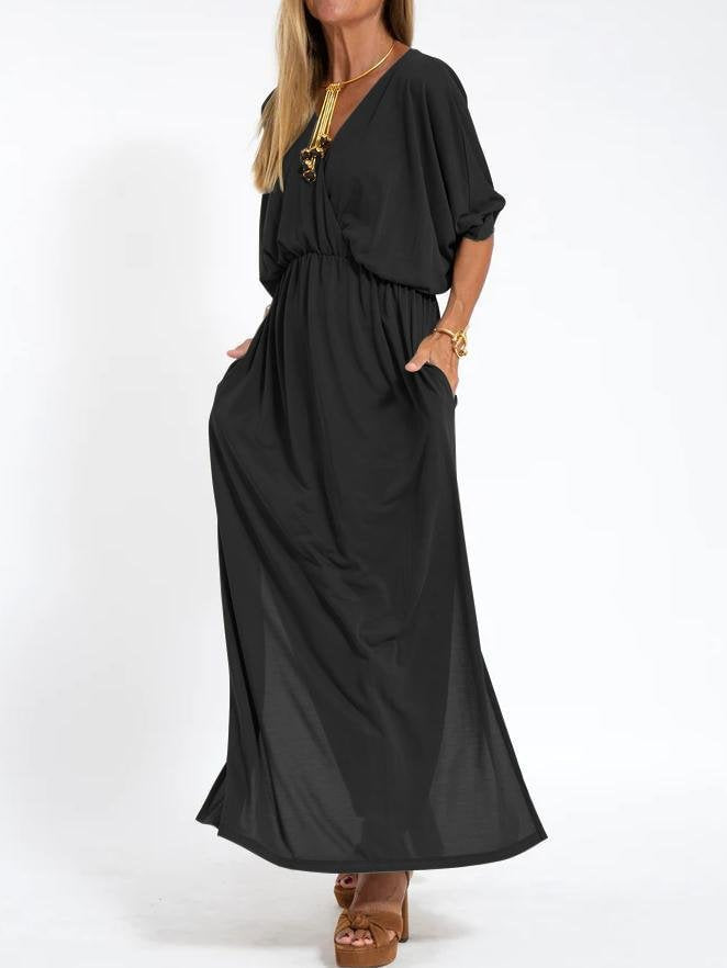 Damen Lässiges Maxikleid mit tiefem V-Ausschnitt und seitlichen Schlitzen Drune