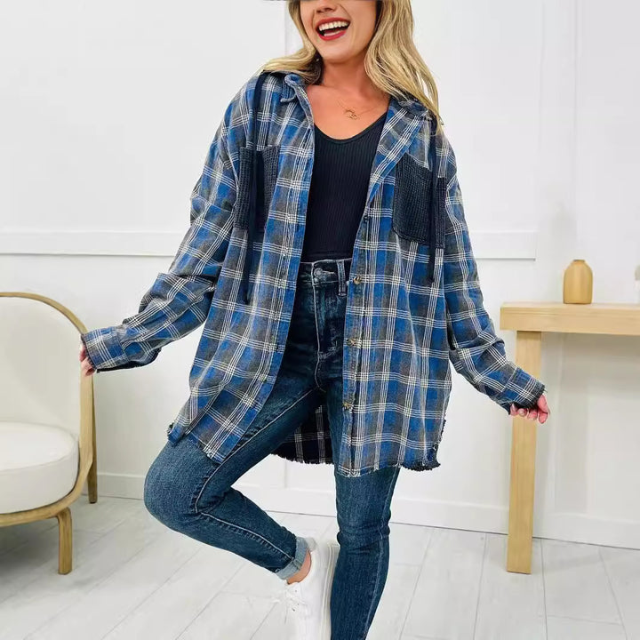 Damen Oversized Karo-Hemdjacke mit fransigen Details Drune