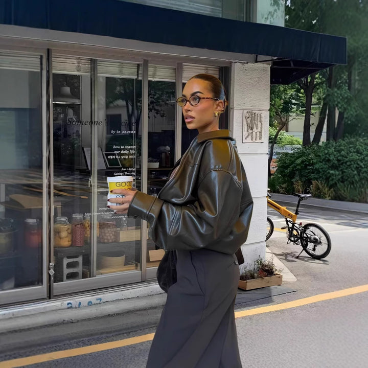 Damen Lässige Kunstlederjacke mit oversized Schnitt und eleganten Details Drune