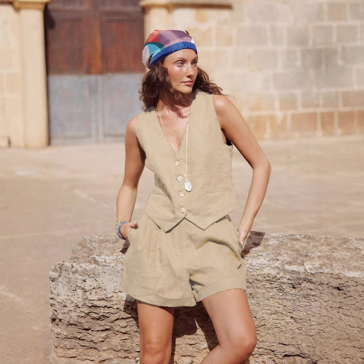 Damen Zweiteiliges Leinen-Set mit taillierter Weste und Shorts Drune