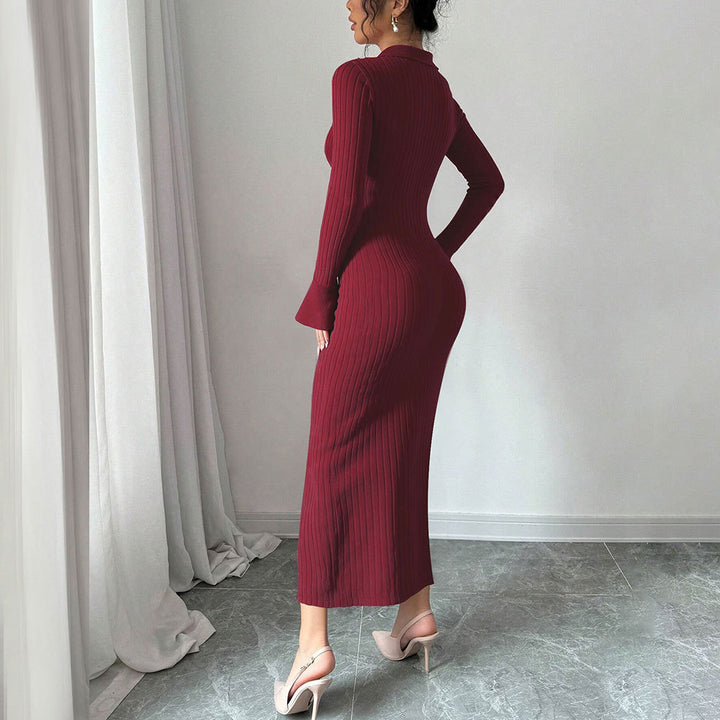 Damen Langarm-Kleid mit figurbetonendem Rippdesign und schickem Kragen Drune