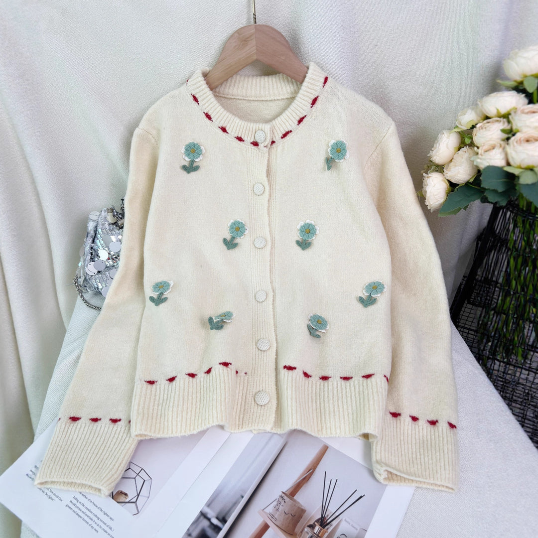 Damen Strickjacke mit floralem Stickdesign und Knopfverschluss Drune