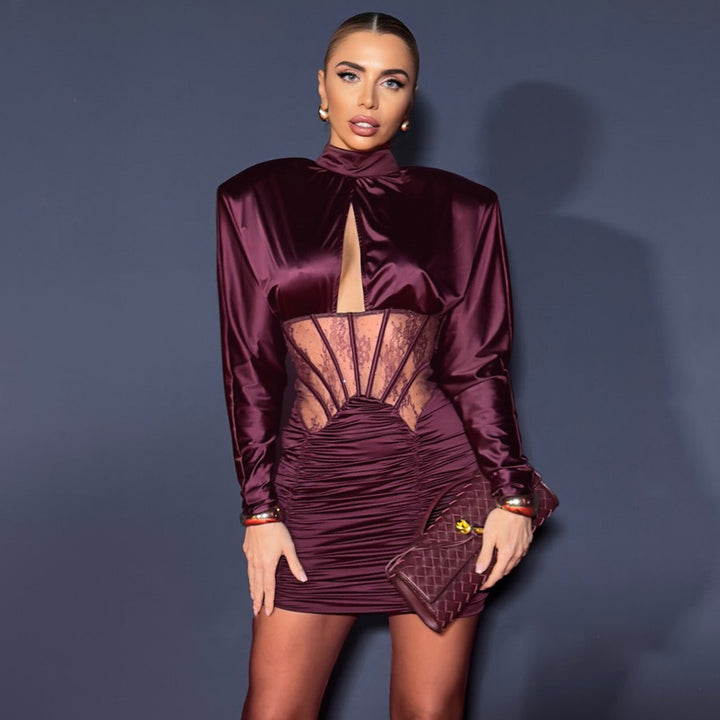 Damen Figurbetontes Cocktailkleid mit elegantem Spitzenbesatz und Raffungen Drune