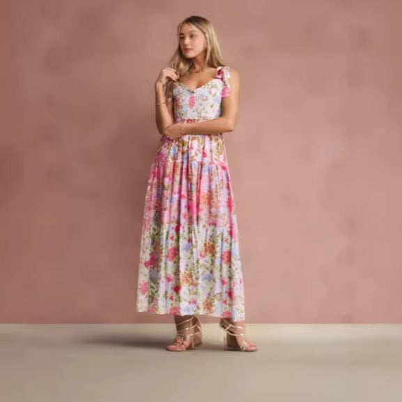 Damen Kleid mit verspieltem Floral-Design und Rüschenärmeln Drune
