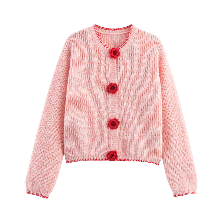 Damen Strickjacke mit dekorativen Blumenknöpfen Drune