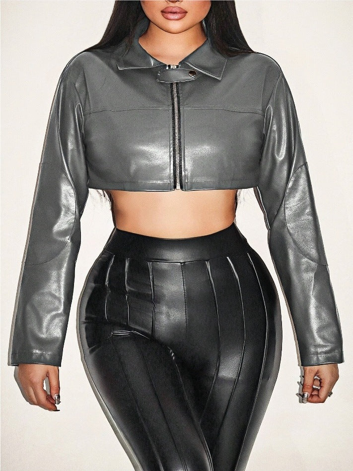Damen cropped Kunstlederjacke mit innovativem Reißverschluss Drune