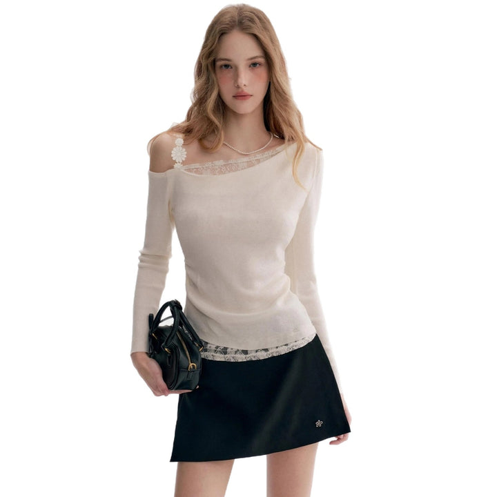 Damen Elegantes Oberteil mit transparentem Spitzenbesatz Drune