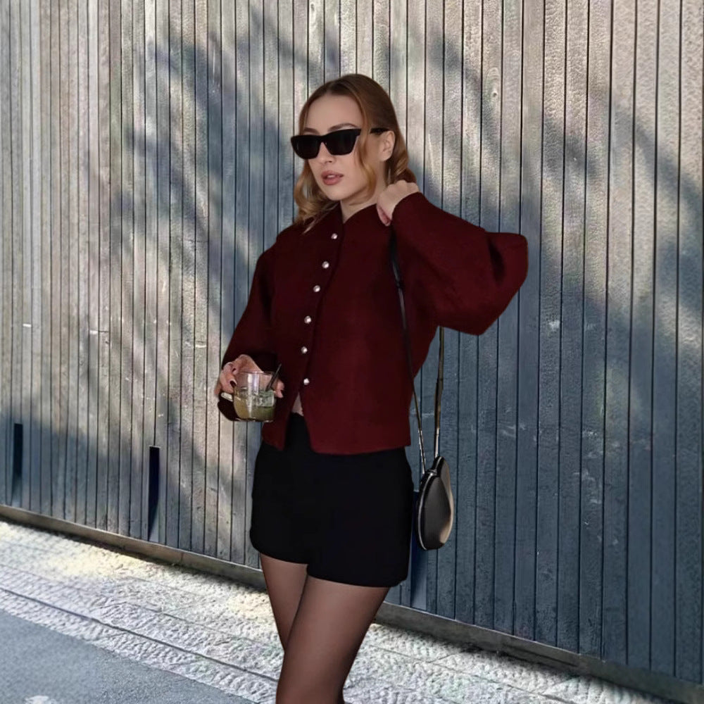 Damen elegante Kurzjacke mit stilvollen Knöpfen und voluminösen Ärmeln Drune