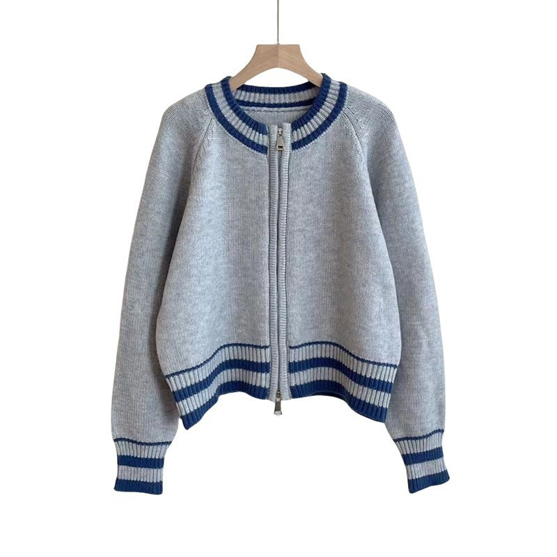 Damen sportlicher Strickcardigan mit Reißverschluss und gestreiftem Bündchen Drune