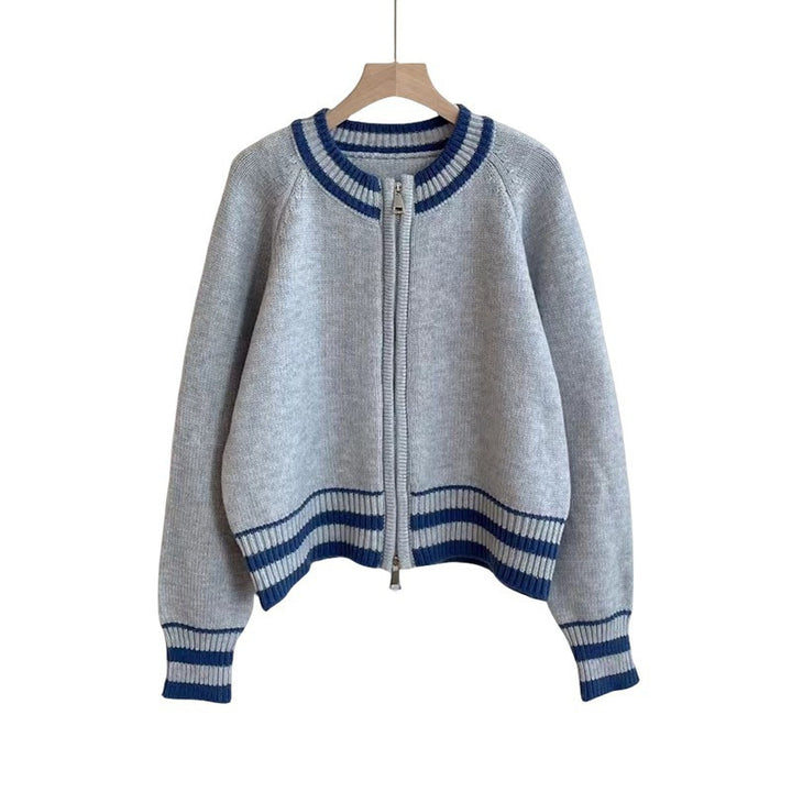 Damen sportlicher Strickcardigan mit Reißverschluss und gestreiftem Bündchen Drune