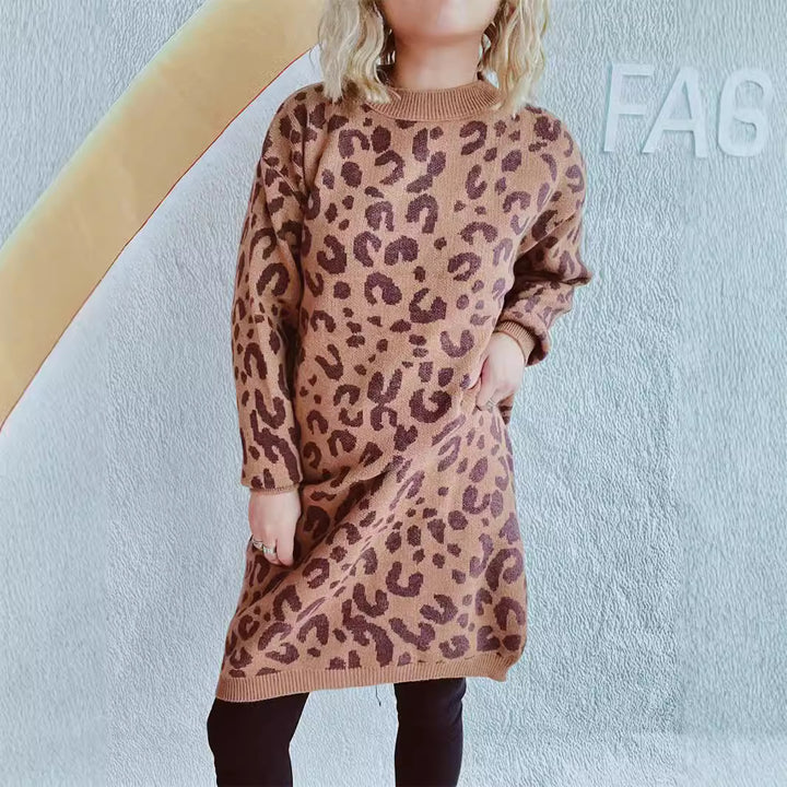 Damen Grobstrickkleid im modernen Leopardenmuster Drune