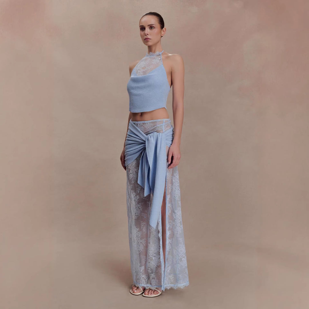 Damen Elegantes Spitzen-Top und Maxi-Rock Set Drune