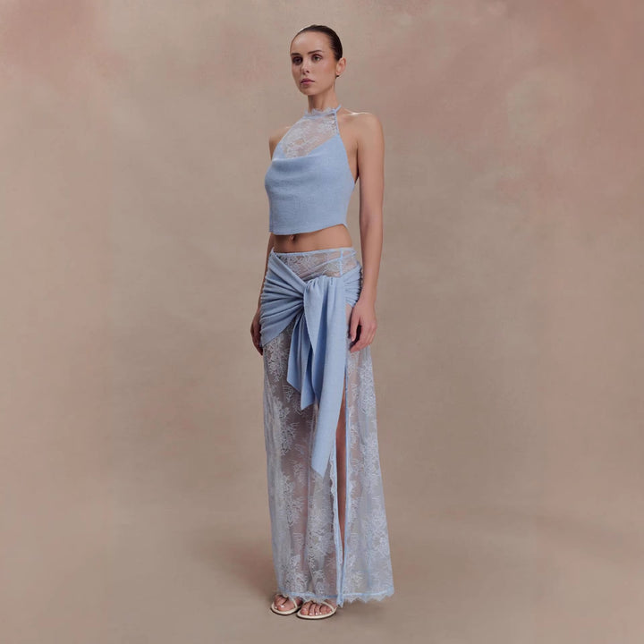 Damen Elegantes Spitzen-Top und Maxi-Rock Set Drune