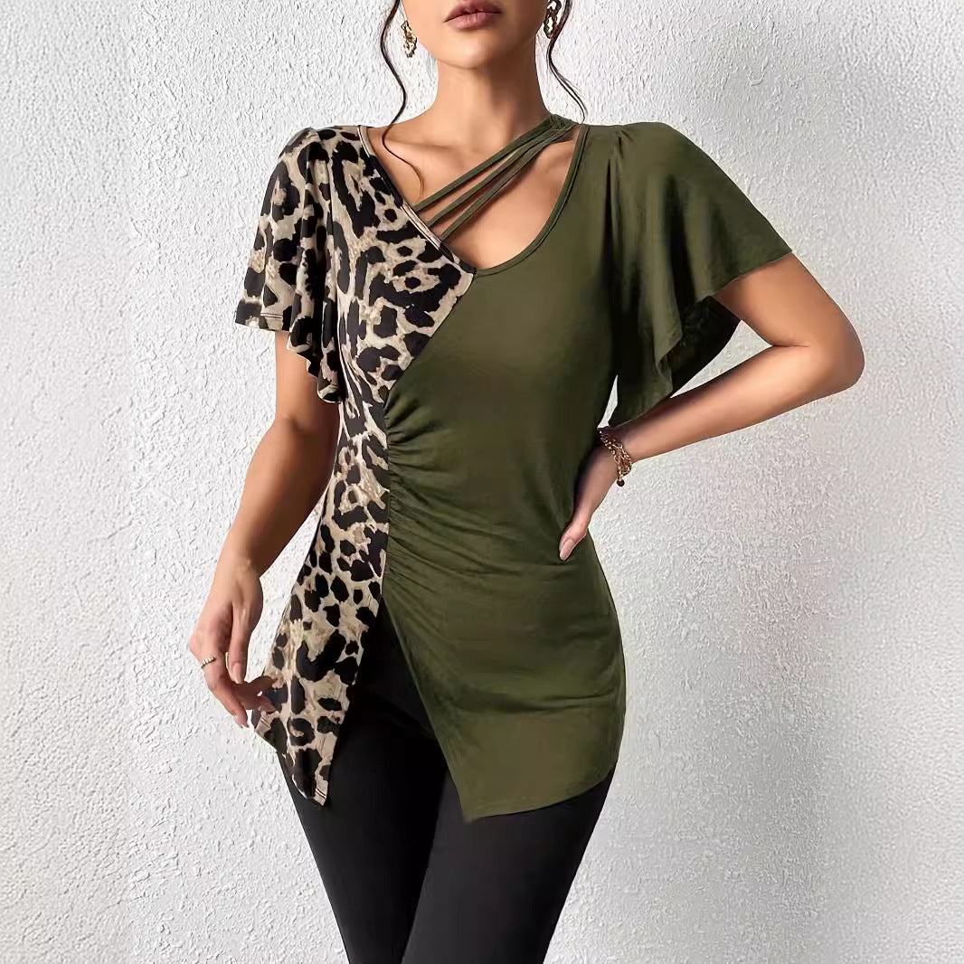Damen nan asymmetrische Stretch-Tunika mit Leopardenprint-Seiteneinsatz und Mehrfachträgern Drune