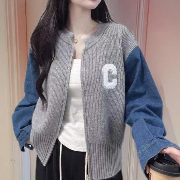 Damen Trendige Strickjacke mit Denim-Ärmeln Drune