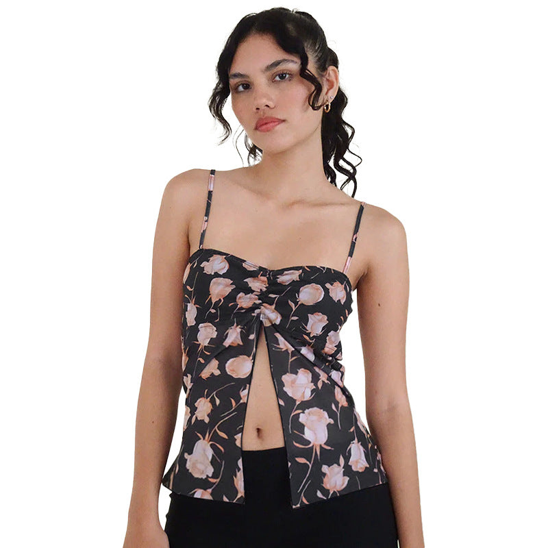 Damen Cami-Top mit floralem Design und nostalgischem Knotenverschluss Drune