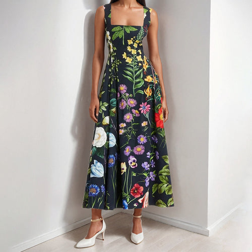 Damen Maxikleid mit quadratischem Ausschnitt und lebhaftem Floraldesign Drune