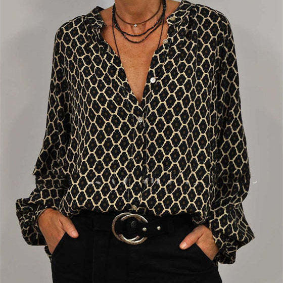 Damen Bluse mit geometrischem Druck und modischem Stehkragen Drune