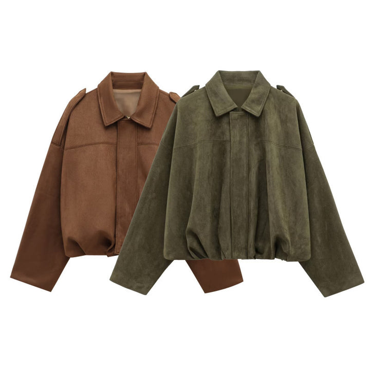 Damen modische Oversize-Jacke aus weichem Kunstleder mit dekorativen Details Drune