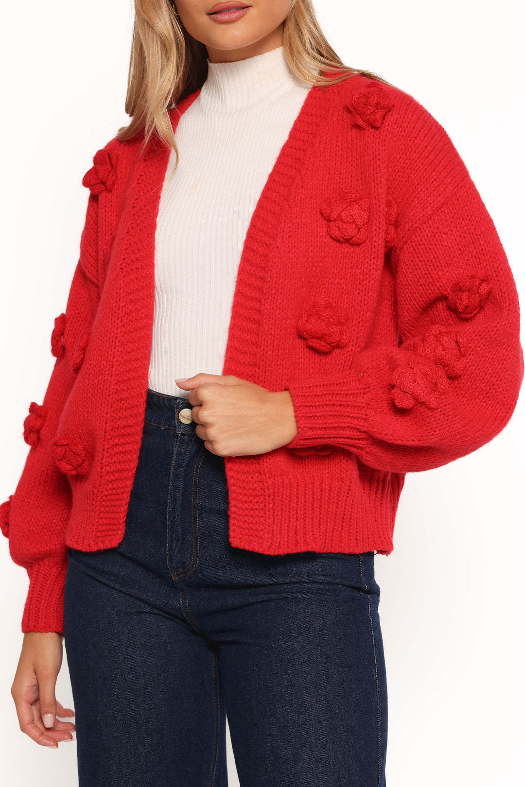 Damen Strickjacke mit floralem Design und voluminösen Ärmeln Drune