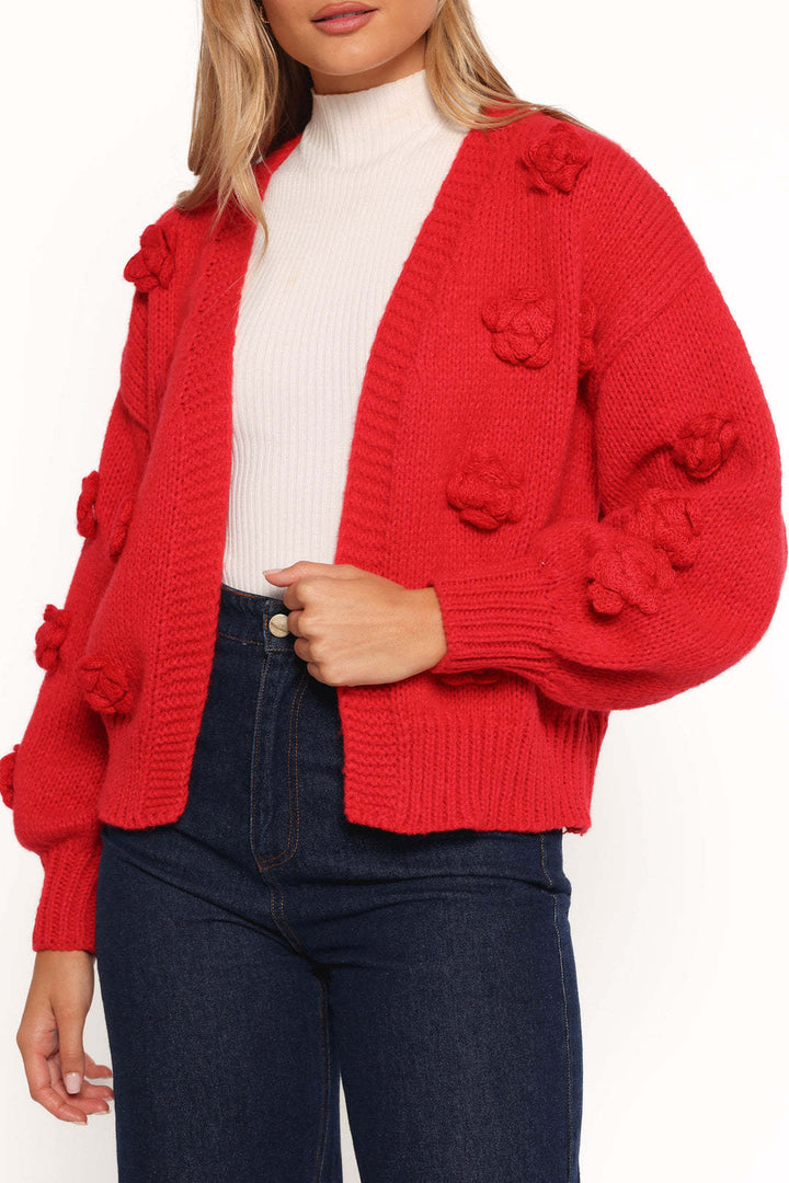Damen Strickjacke mit floralem Design und voluminösen Ärmeln Drune
