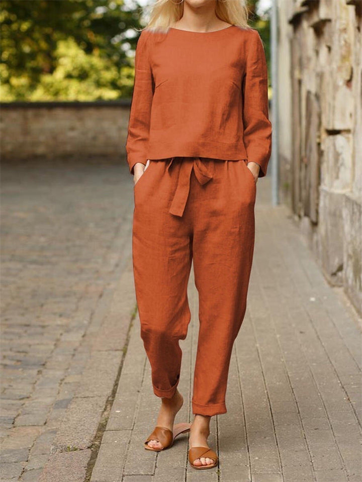Damen Lässiges Zweiteiliges Leinen-Outfit mit breitem Bund Drune