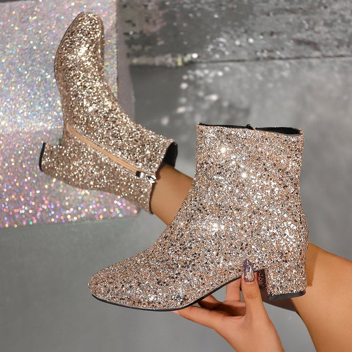 Damen glitzernde Stiefeletten mit kurzem Blockabsatz und seitlichem Reißverschluss Drune