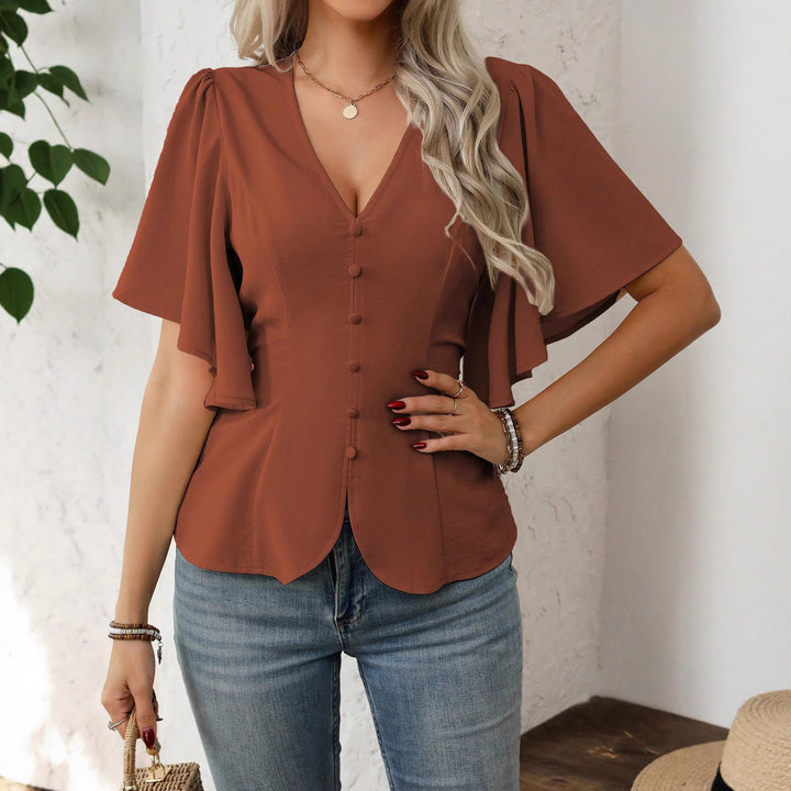 Damen elegante Bluse mit Glockenärmeln und Knopfdetail Drune