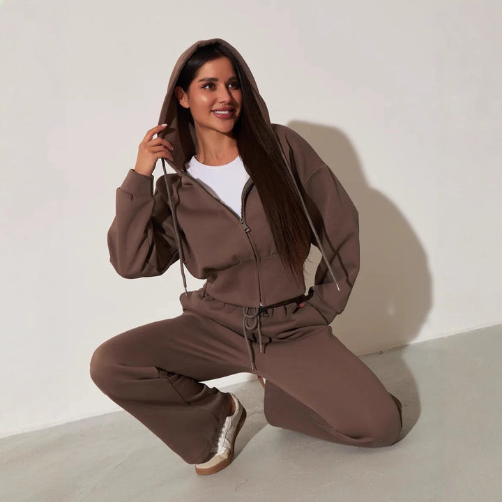 Damen lässiges Kapuzenoberteil und weite Sweatpants-Set mit hohem Bund und Reißverschluss Drune