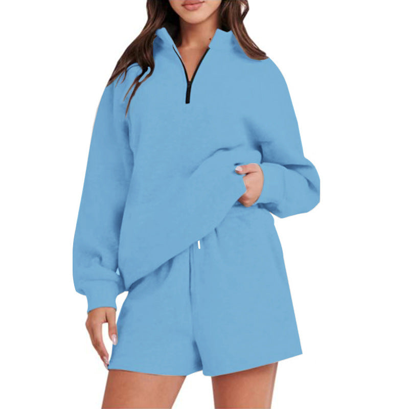 Damen bequemen Freizeit-Sweatanzug mit halbem Reißverschluss und Shorts Drune