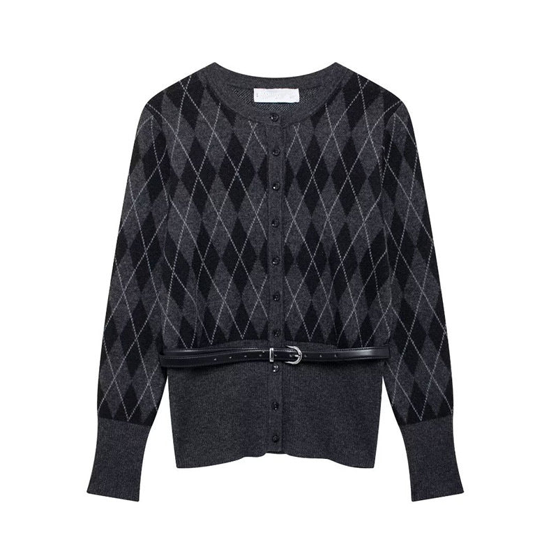 Damen Strickjacke mit modernem Karomuster und abnehmbarem Gürtel Drune