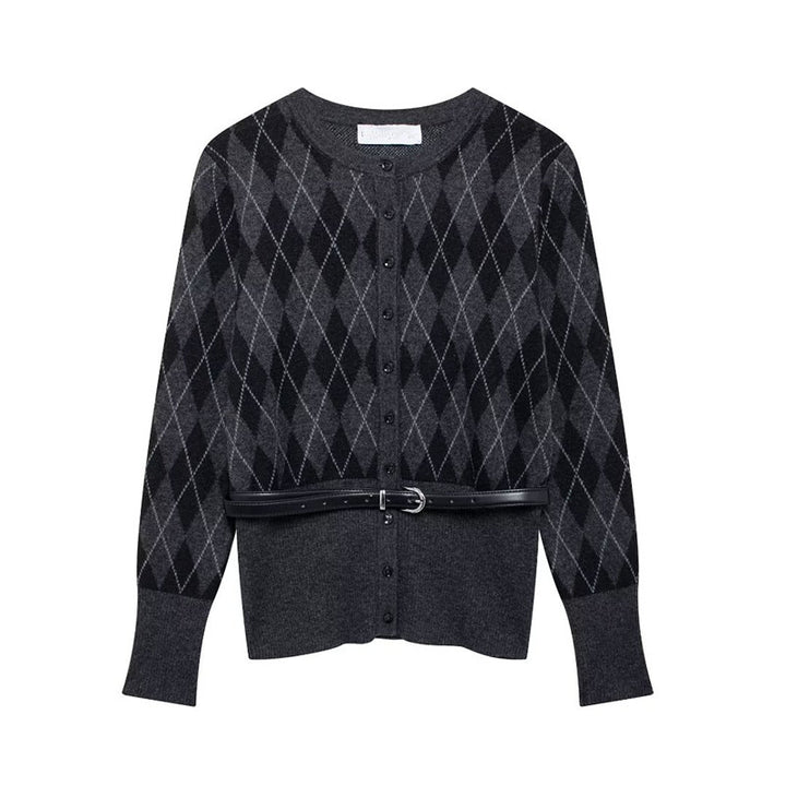 Damen Strickjacke mit modernem Karomuster und abnehmbarem Gürtel Drune