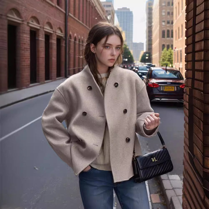Damen modische Kurzjacke mit doppelter Knopfreihe und lässigen Ärmeln Drune