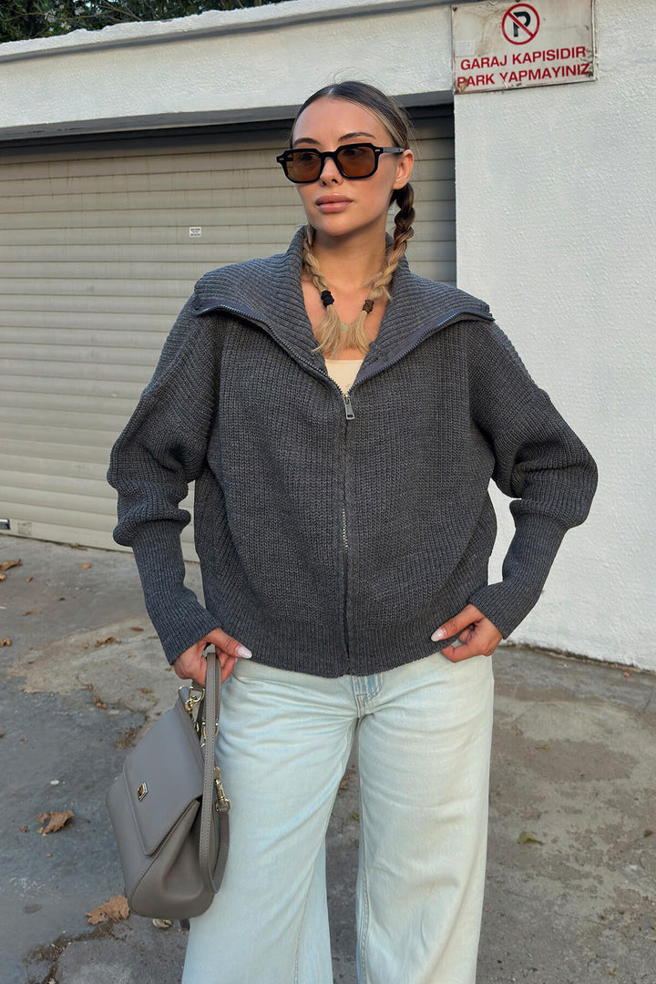 Damen kuschelige Strickjacke mit hohem Kragen und Reißverschluss Drune