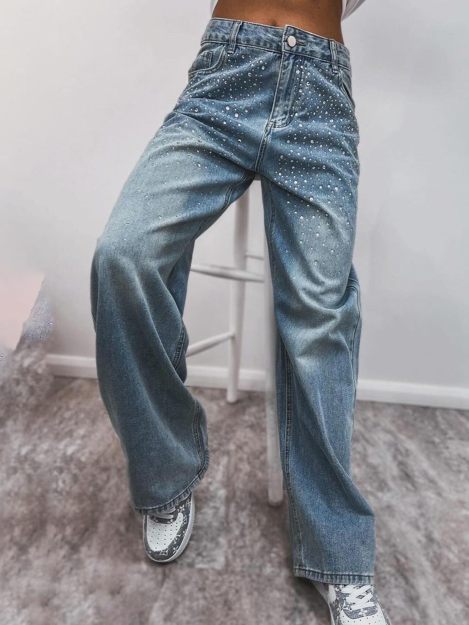 Damen elegante High-Waist Jeans mit funkelnden Details Drune