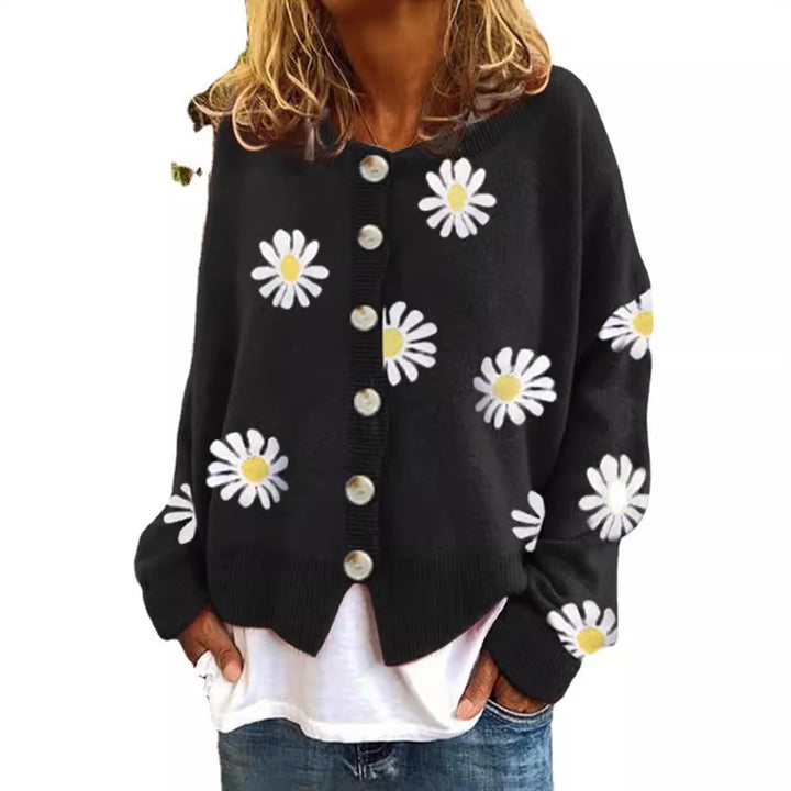 Damen Casual Strickjacke mit Blumendruck und Knopfdetails Drune