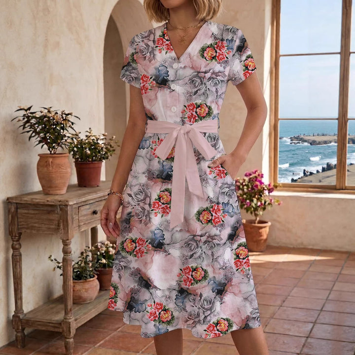 Damen Sommerliches Kleid mit taillierbarem Bindegürtel und floralem Muster Drune