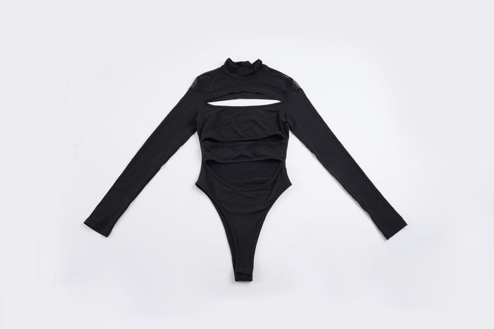 Damen Langarm Bodysuit mit raffiniertem Cut-Out-Design und elegantem Stehkragen Drune
