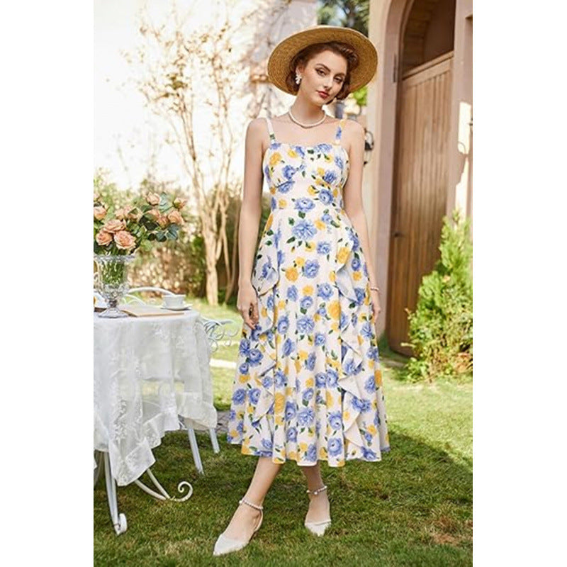 Damen Freizeitmaxikleid mit zarten Rüschendetails und floralem Design Drune