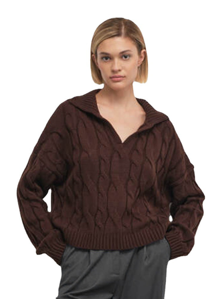 Damen Hoher Kragen Strickpullover mit Zopfmuster Drune
