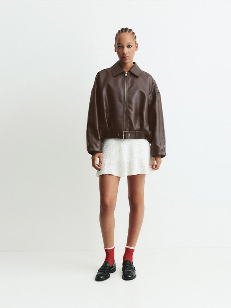 Damen Modische Kunstlederjacke mit weitem Schnitt und Taillengürtel Drune
