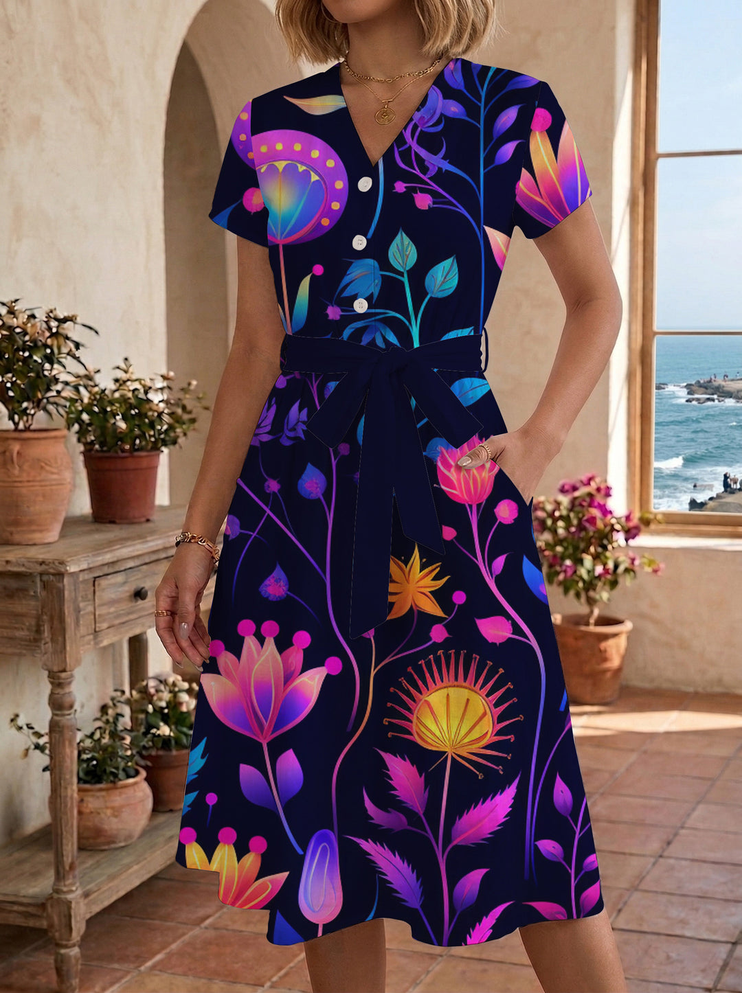 Damen Midikleid mit floralem Motiv und Taillengürtel Drune